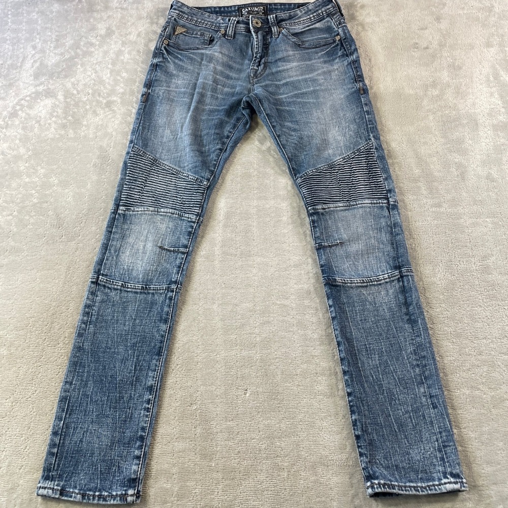 BKE Salvage Havoc Skinny Slim Jeans Mens 30 Blue Acid Wash Ribbed Zipper Moto